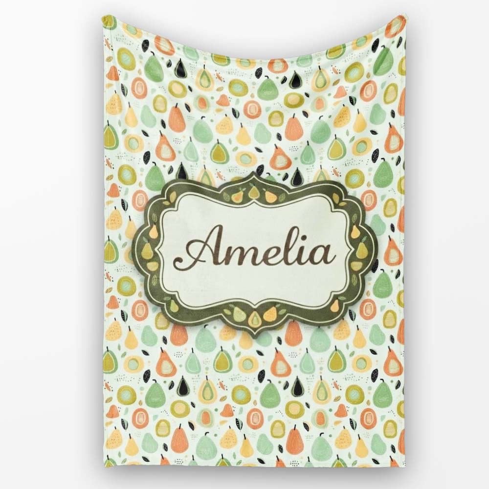 Pastel Pear Fruit Soft Scandinavian Seamless Pattern Name Cute Personalised Custom Name Super Soft Fleece Blanket Bed Sofa Throw