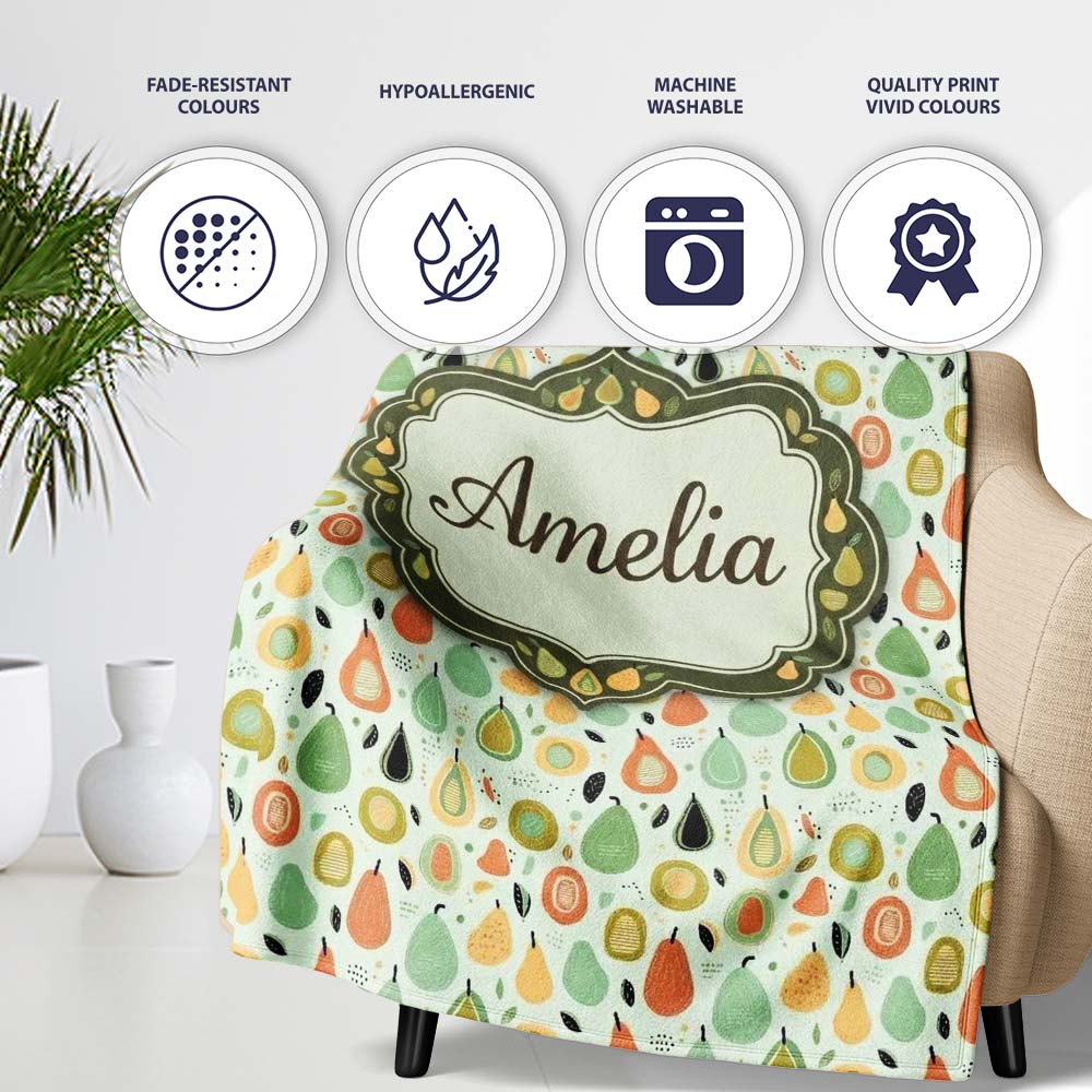 Pastel Pear Fruit Soft Scandinavian Seamless Pattern Name Cute Personalised Custom Name Super Soft Fleece Blanket Bed Sofa Throw