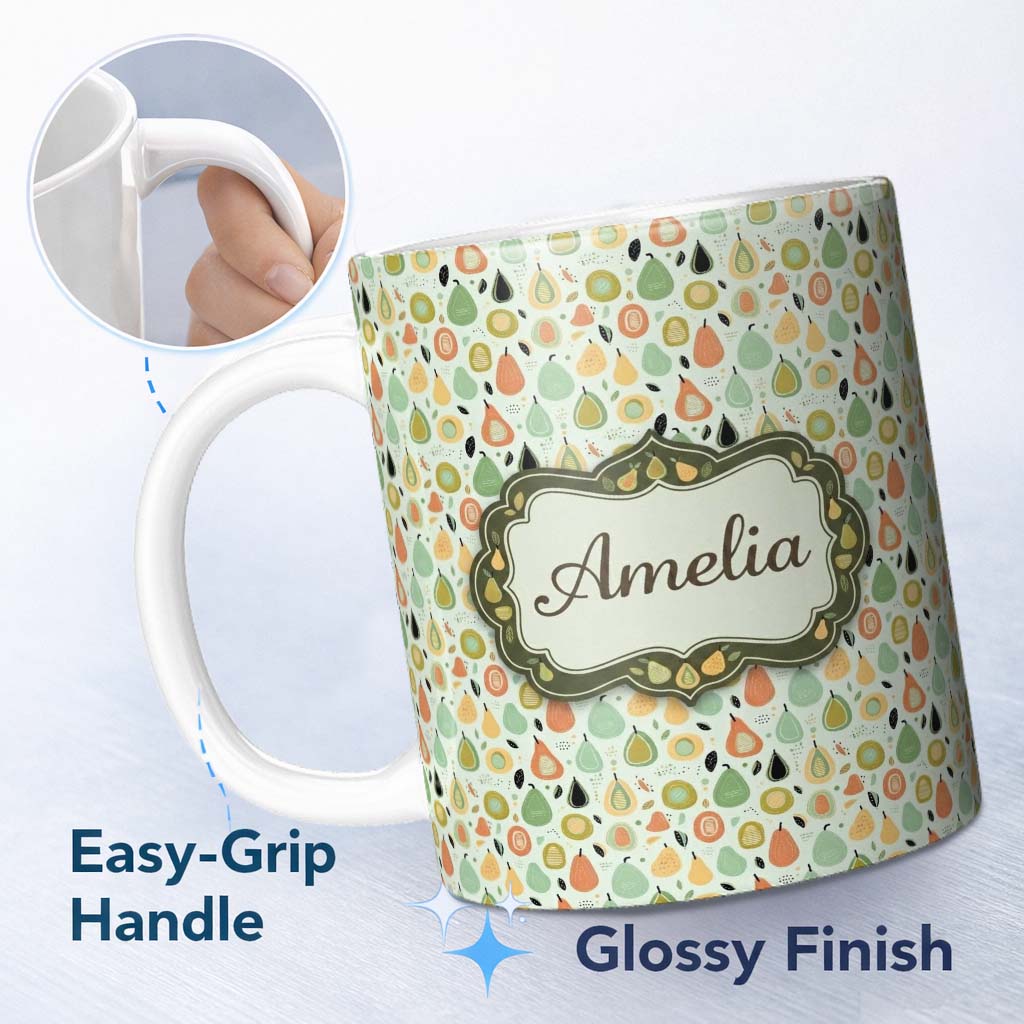 Personalized Custom Name Pastel Pear Fruit Soft Scandinavian Seamless Pattern Name Cute 11oz Ceramic Coffee Tea Mug White Large Handle