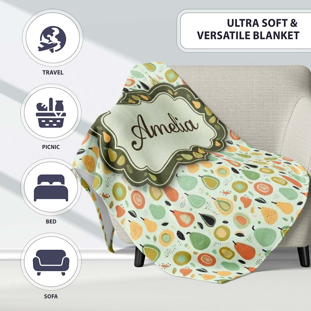 Pastel Pear Fruit Soft Scandinavian Seamless Pattern Name Cute Personalised Custom Name Super Soft Fleece Blanket Bed Sofa Throw