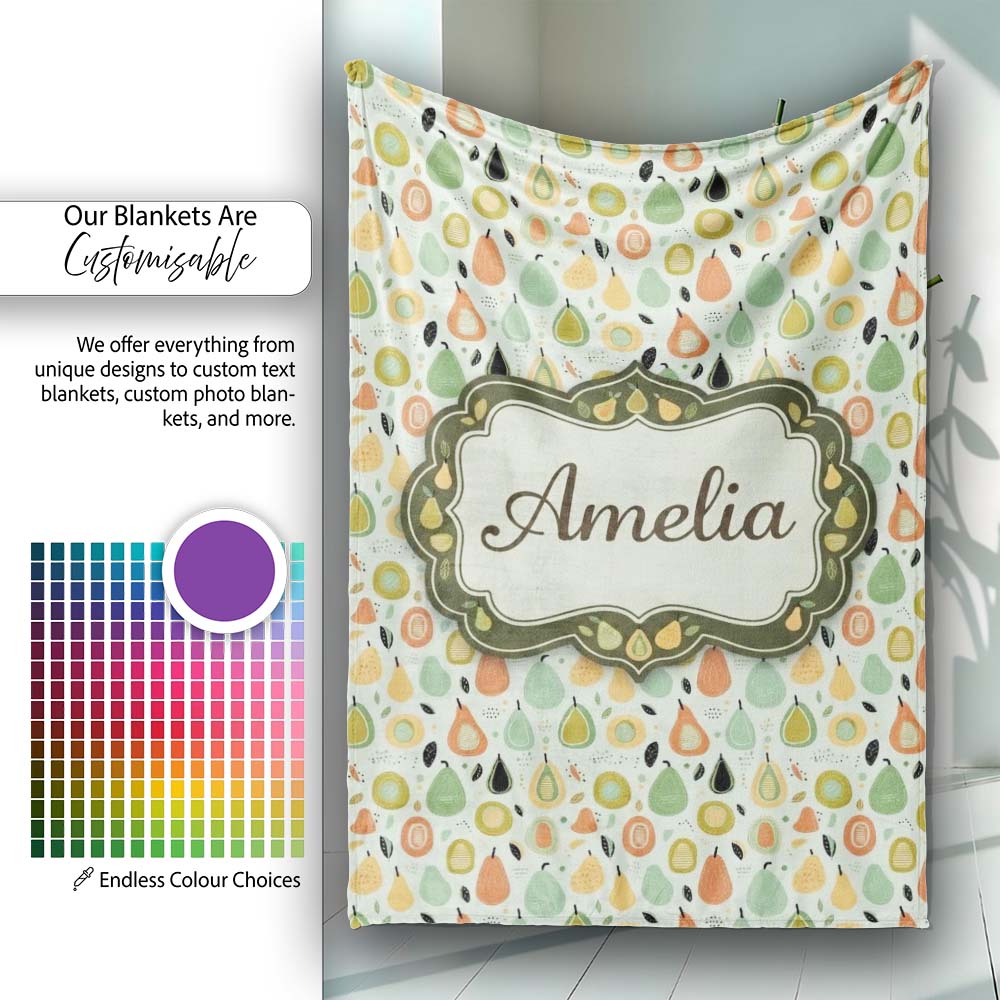 Pastel Pear Fruit Soft Scandinavian Seamless Pattern Name Cute Personalised Custom Name Super Soft Fleece Blanket Bed Sofa Throw
