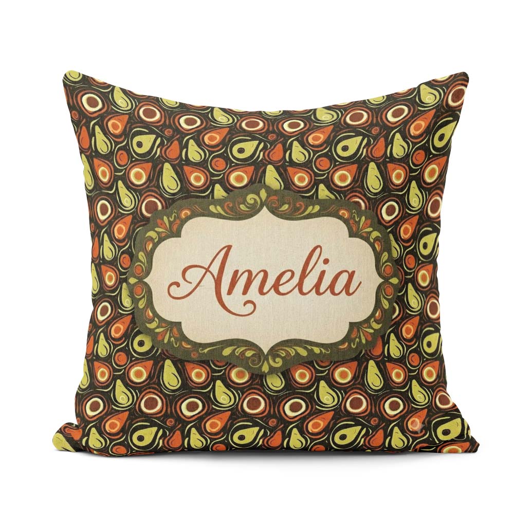 Custom Name Avocado Abstract Mid Century Seamless Pattern Cute Square Filled Cushion Throw Pillow Sofa Bed Home Decor Zip Washable UK Made