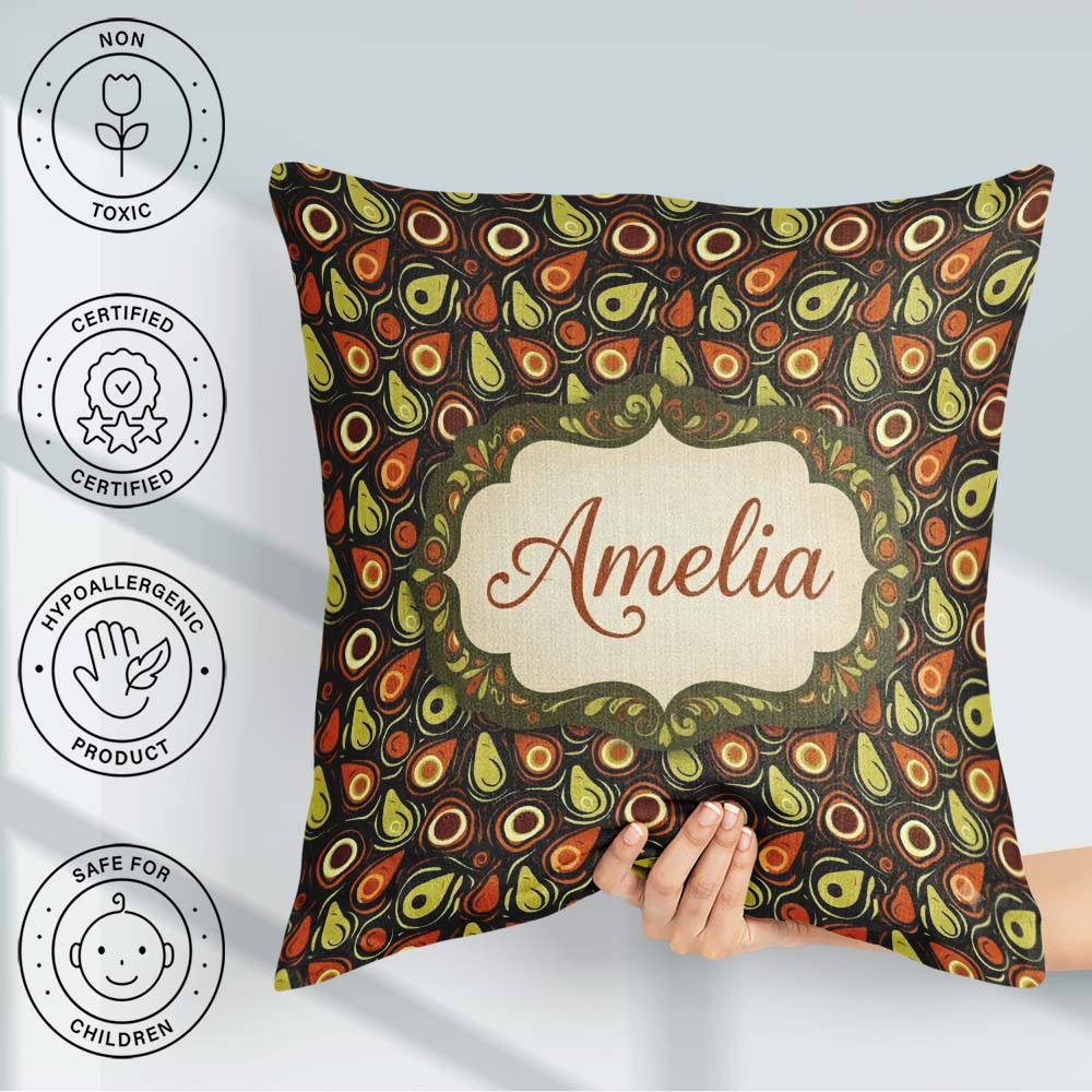Custom Name Avocado Abstract Mid Century Seamless Pattern Cute Square Filled Cushion Throw Pillow Sofa Bed Home Decor Zip Washable UK Made