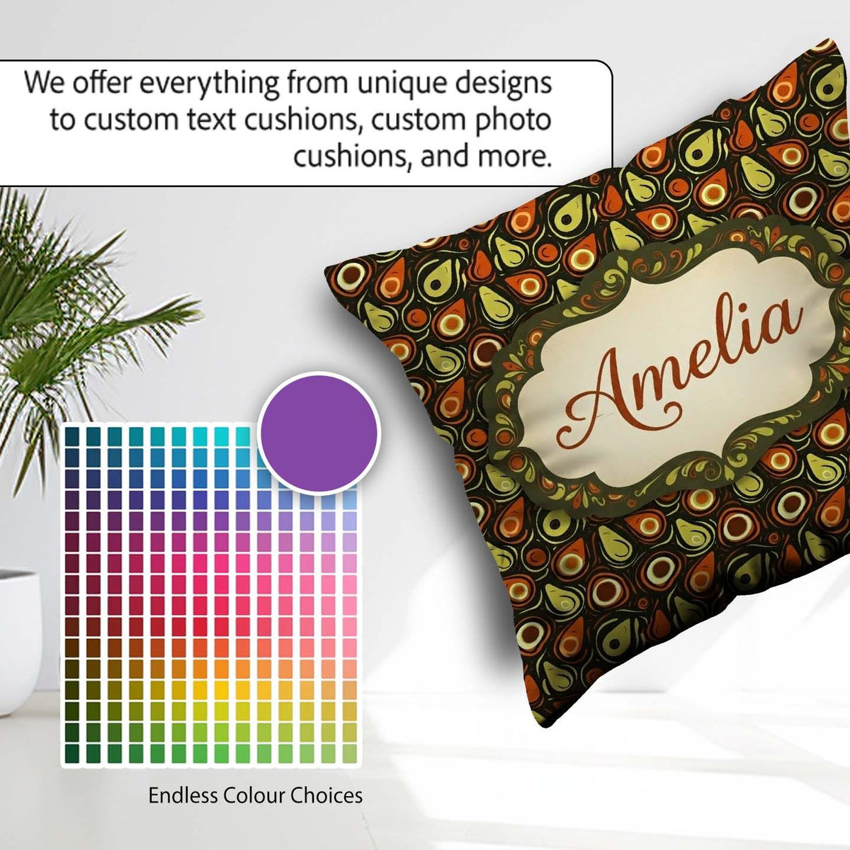 Custom Name Avocado Abstract Mid Century Seamless Pattern Cute Square Filled Cushion Throw Pillow Sofa Bed Home Decor Zip Washable UK Made