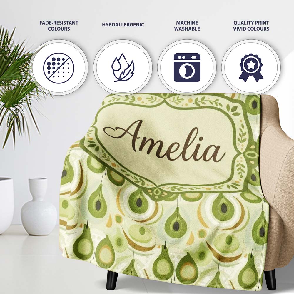Soft Green Avocado Shapes Seamless Pattern Name Cute Unique Gift Personalised Custom Name Super Soft Fleece Blanket Bed Sofa Throw