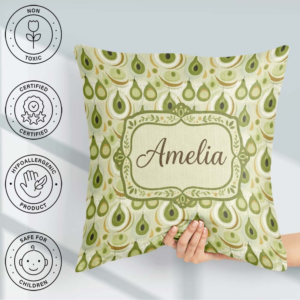 Custom Name Soft Green Avocado Shapes Seamless Pattern Name Cute Square Filled Cushion Throw Pillow Sofa Bed Home Decor Zip Washable UK Made