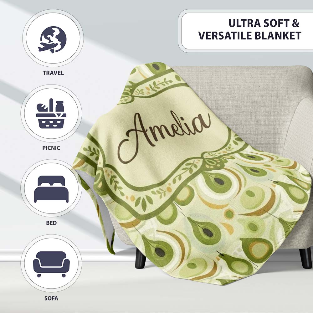 Soft Green Avocado Shapes Seamless Pattern Name Cute Unique Gift Personalised Custom Name Super Soft Fleece Blanket Bed Sofa Throw