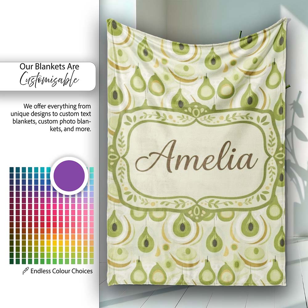 Soft Green Avocado Shapes Seamless Pattern Name Cute Unique Gift Personalised Custom Name Super Soft Fleece Blanket Bed Sofa Throw