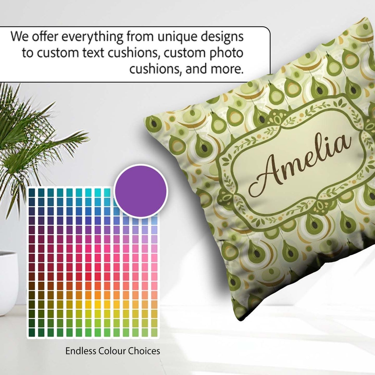 Custom Name Soft Green Avocado Shapes Seamless Pattern Name Cute Square Filled Cushion Throw Pillow Sofa Bed Home Decor Zip Washable UK Made