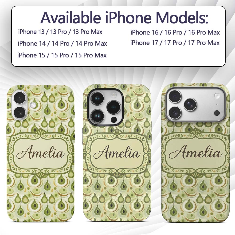 Soft Green Avocado Shapes Seamless Pattern Name Custom Name Protective Phone Case Mobile Cover Durable Everyday Smartphone Shock Resistant