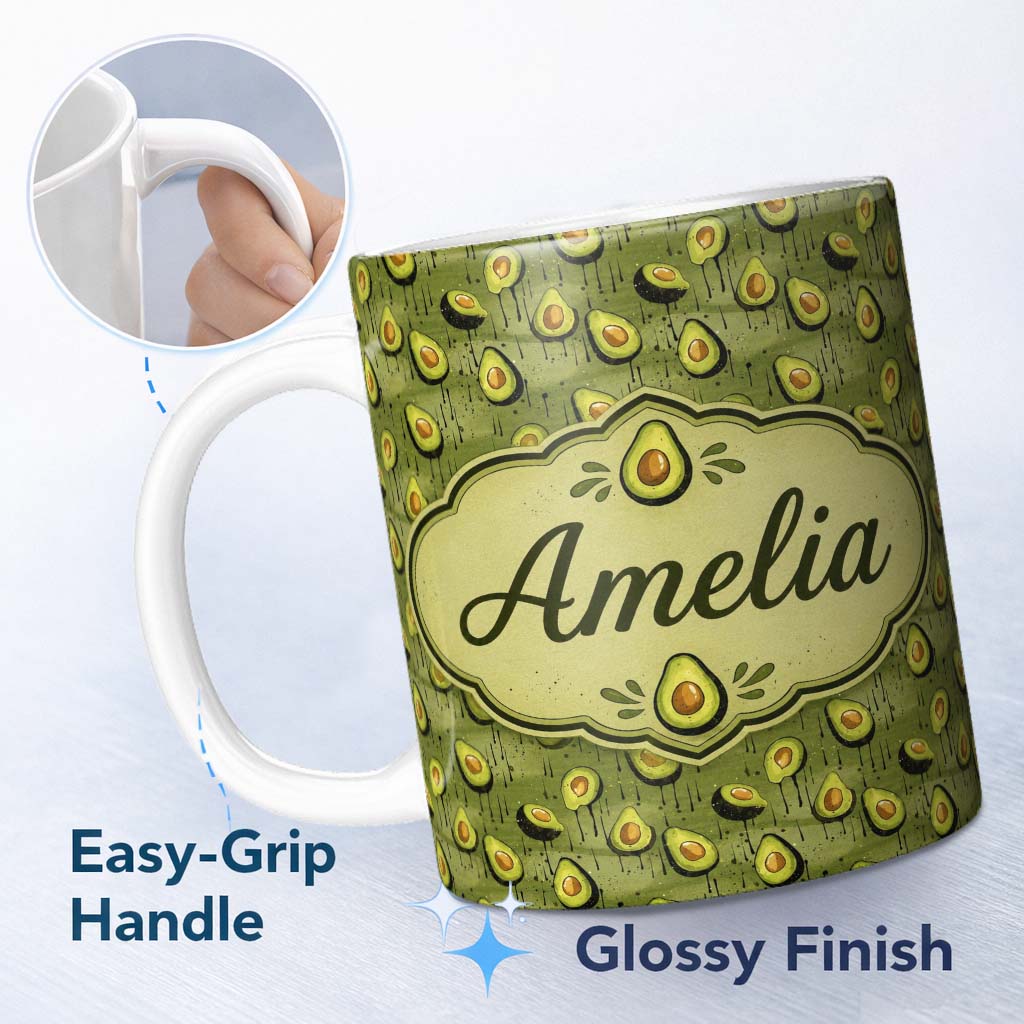 Personalized Custom Name Grunge Avocado Drip Artistic Seamless Pattern Custom Name Cute 11oz Ceramic Coffee Tea Mug White Large Handle