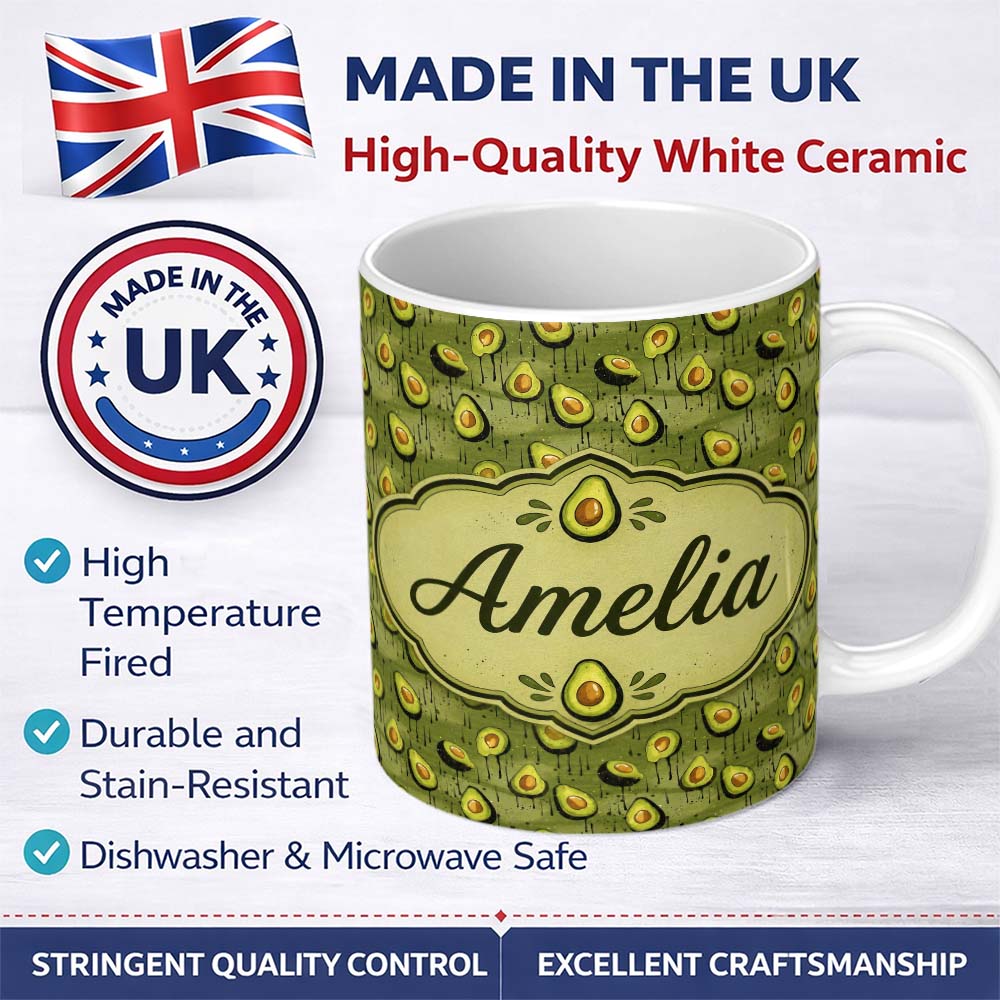 Personalized Custom Name Grunge Avocado Drip Artistic Seamless Pattern Custom Name Cute 11oz Ceramic Coffee Tea Mug White Large Handle