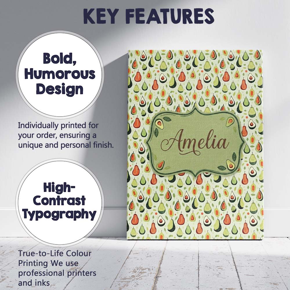 Personalised Name Cute Pear and Avocado Custom Modern Room Accent Elegant Feature Canvas Wall Art Print Decor Picture Ready to Hang