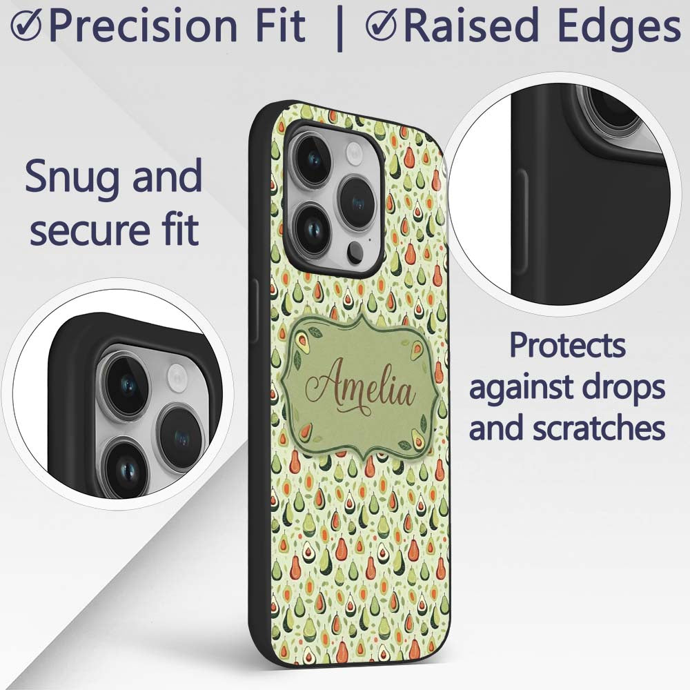 Cute Pear and Avocado Minimal Seamless Pattern Custom Name Protective Phone Case Mobile Cover Durable Everyday Smartphone Shock Resistant