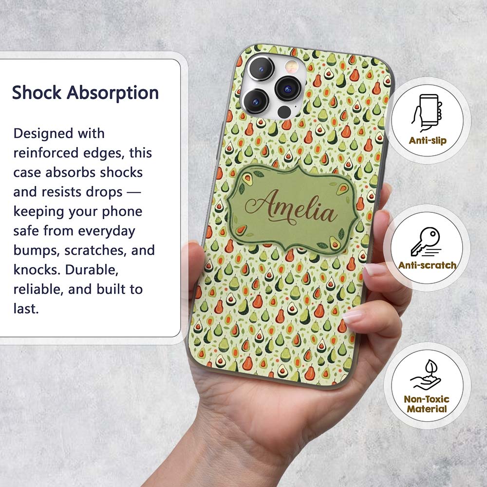 Cute Pear and Avocado Minimal Seamless Pattern Custom Name Protective Phone Case Mobile Cover Durable Everyday Smartphone Shock Resistant