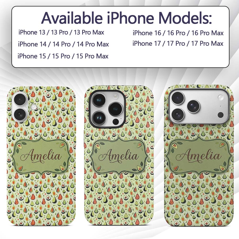 Cute Pear and Avocado Minimal Seamless Pattern Custom Name Protective Phone Case Mobile Cover Durable Everyday Smartphone Shock Resistant