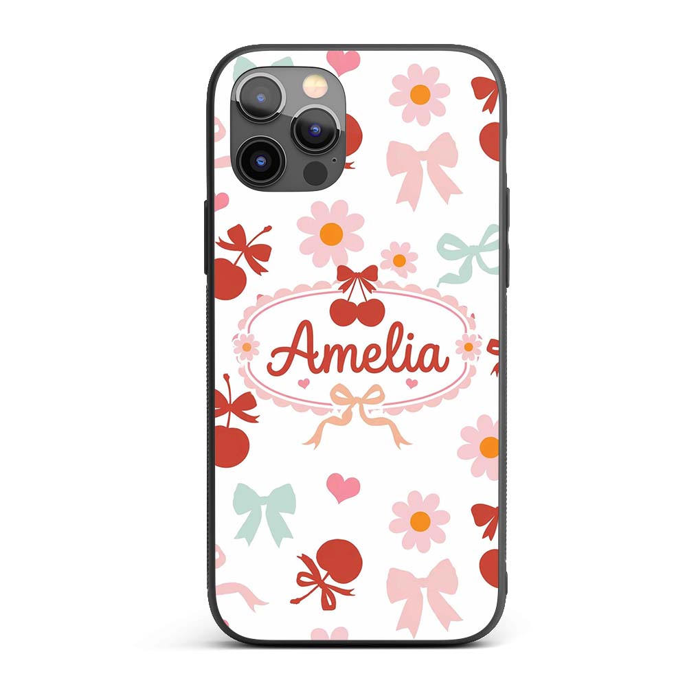 Cute Cherry Bow Daisy Heart Seamless Pattern on Custom Name Protective Phone Case Mobile Cover Durable Everyday Smartphone Shock Resistant