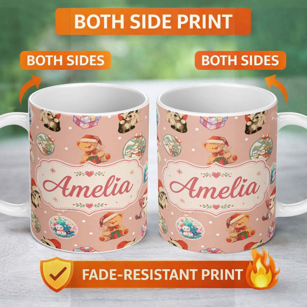 Personalized Custom Name Cute Christmas Cats Teddy Pink Background Seamless Pattern Name 11oz Ceramic Coffee Tea Mug White Large Handle