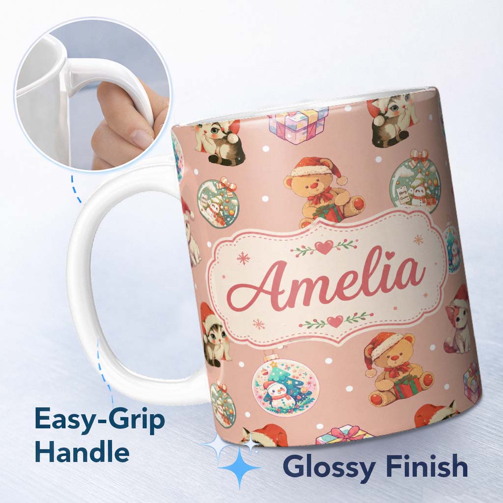 Personalized Custom Name Cute Christmas Cats Teddy Pink Background Seamless Pattern Name 11oz Ceramic Coffee Tea Mug White Large Handle