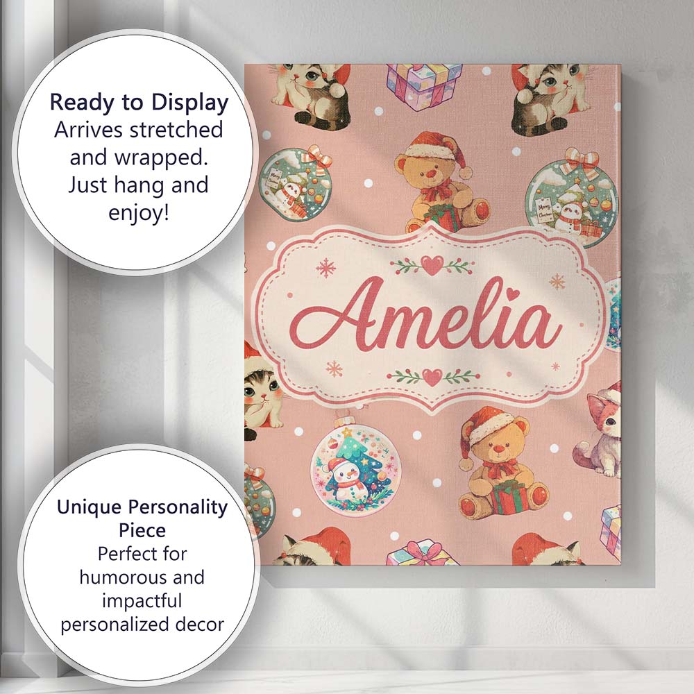 Personalised Name Cute Christmas Cats Teddy Custom Bespoke Interior Contemporary Canvas Wall Art Print Decor Picture Ready to Hang
