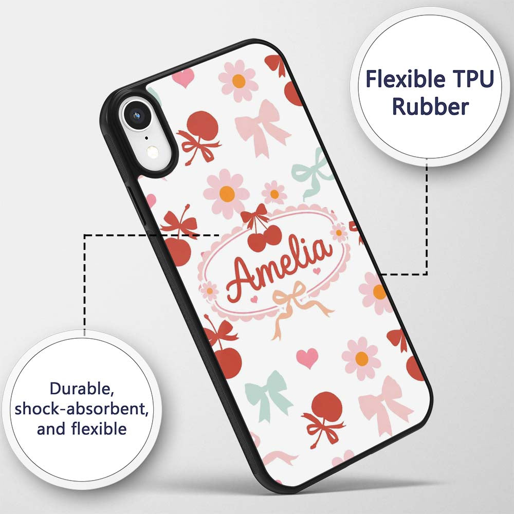 Cute Cherry Bow Daisy Heart Seamless Pattern on Custom Name Protective Phone Case Mobile Cover Durable Everyday Smartphone Shock Resistant