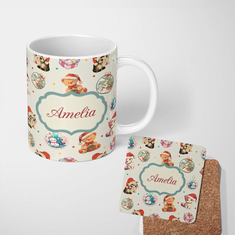 Personalized Custom Name Cute Christmas Cats Teddy Cream Background Seamless Pattern Name 11oz Ceramic Coffee Tea Mug White Large Handle