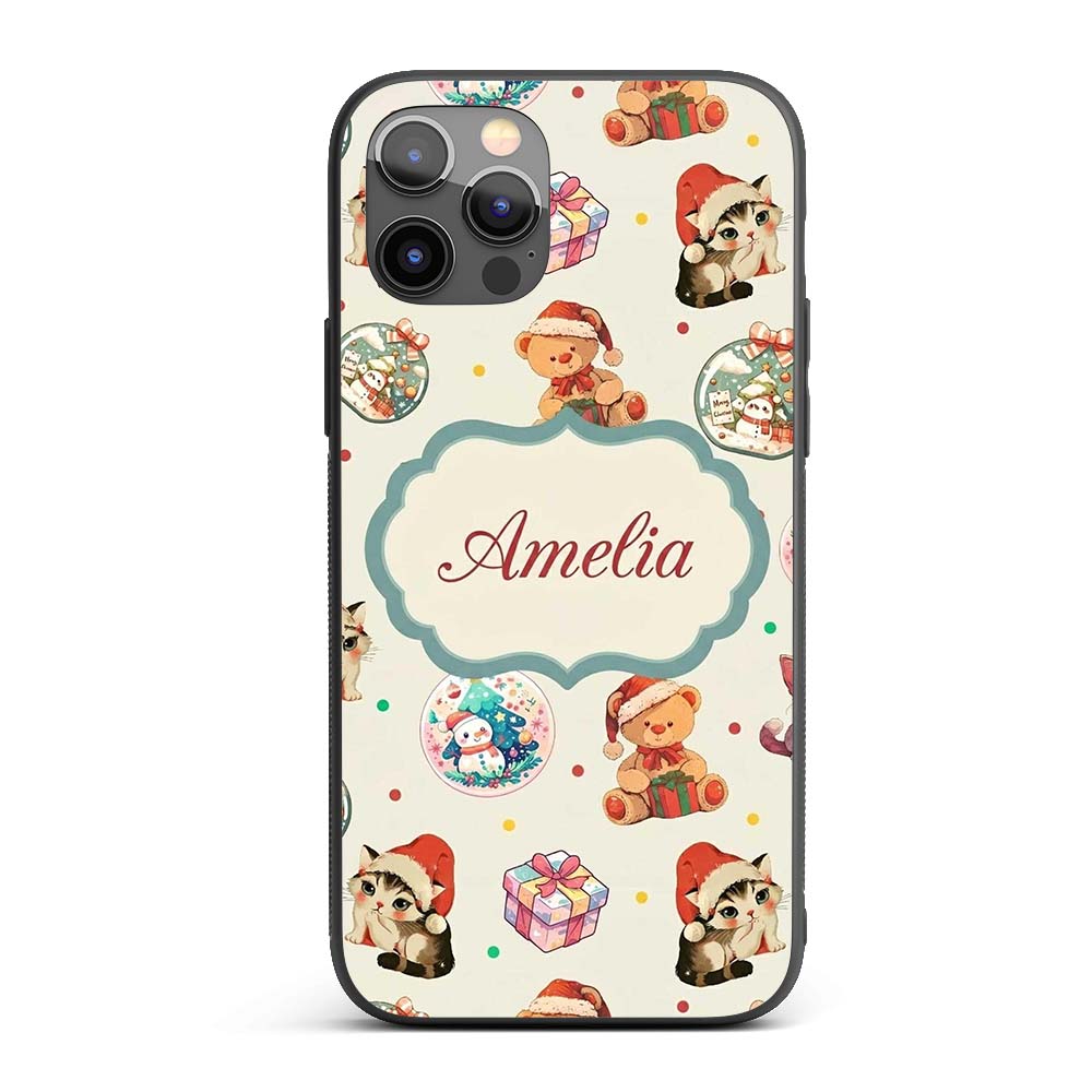 Cute Christmas Cats Teddy Cream Printed Design Custom Name Protective Phone Case Mobile Cover Durable Everyday Smartphone Shock Resistant