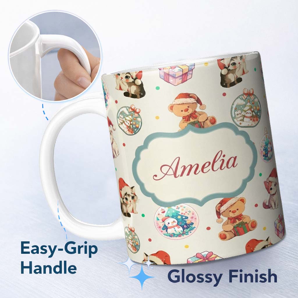 Personalized Custom Name Cute Christmas Cats Teddy Cream Background Seamless Pattern Name 11oz Ceramic Coffee Tea Mug White Large Handle