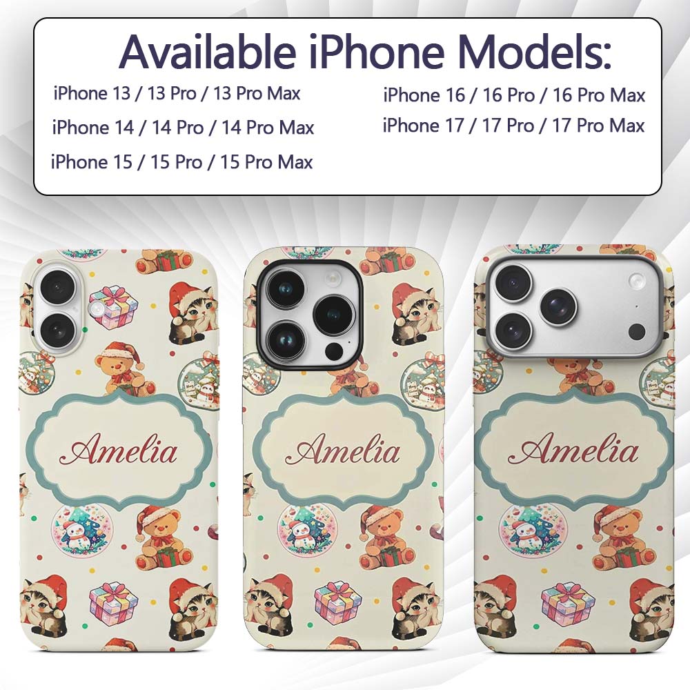 Cute Christmas Cats Teddy Cream Printed Design Custom Name Protective Phone Case Mobile Cover Durable Everyday Smartphone Shock Resistant