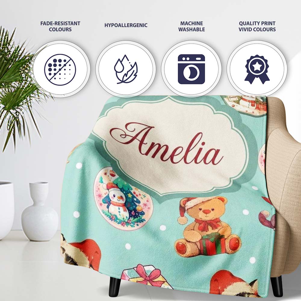 Cute Christmas Cats Teddy Gift Baubles Seamless Pattern Personalised Custom Name Super Soft Fleece Blanket Bed Sofa Throw