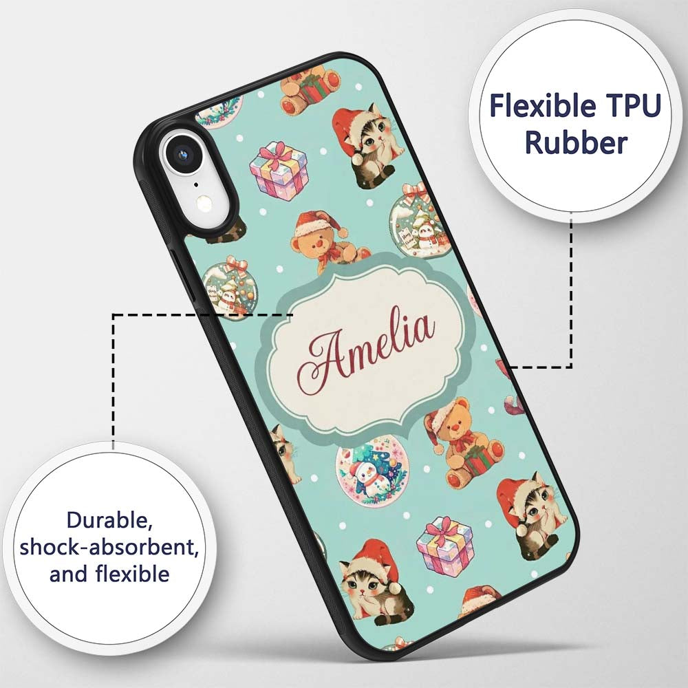Cute Christmas Cats Teddy Gift Baubles Seamless Custom Name Protective Phone Case Mobile Cover Durable Everyday Smartphone Shock Resistant