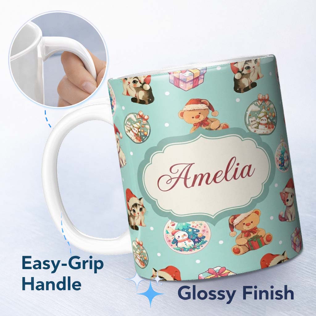 Personalized Custom Name Cute Christmas Cats Teddy Gift Baubles Seamless Pattern Custom Name 11oz Ceramic Coffee Tea Mug White Large Handle