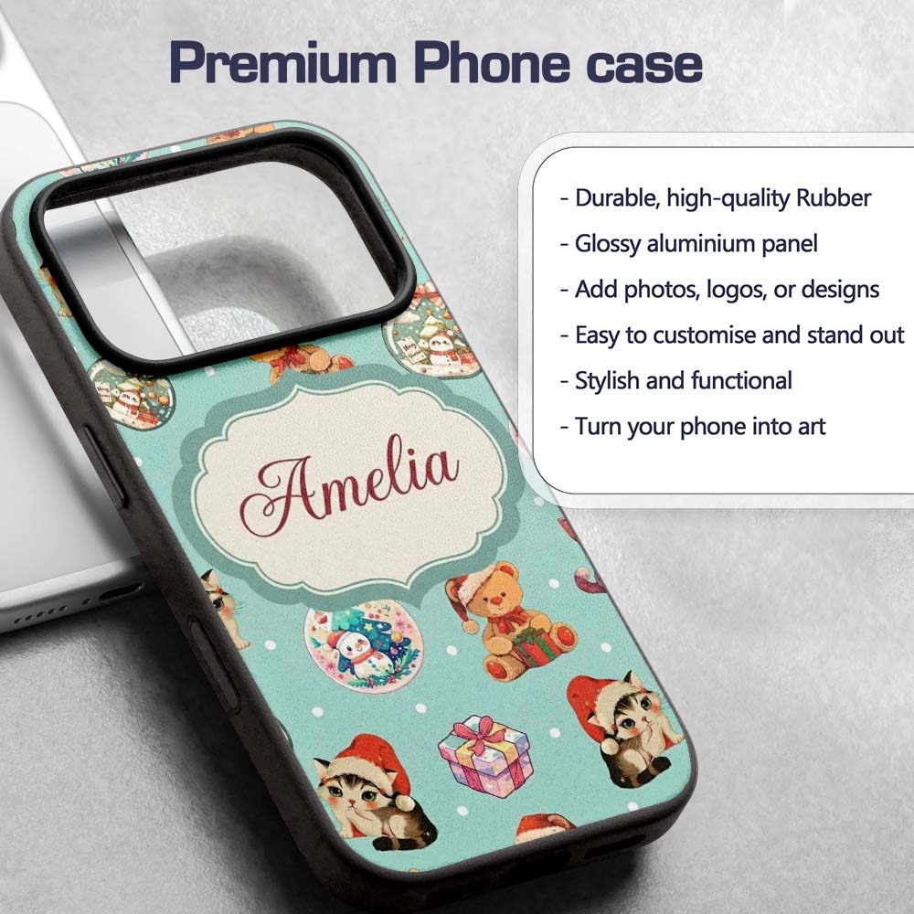 Cute Christmas Cats Teddy Gift Baubles Seamless Custom Name Protective Phone Case Mobile Cover Durable Everyday Smartphone Shock Resistant
