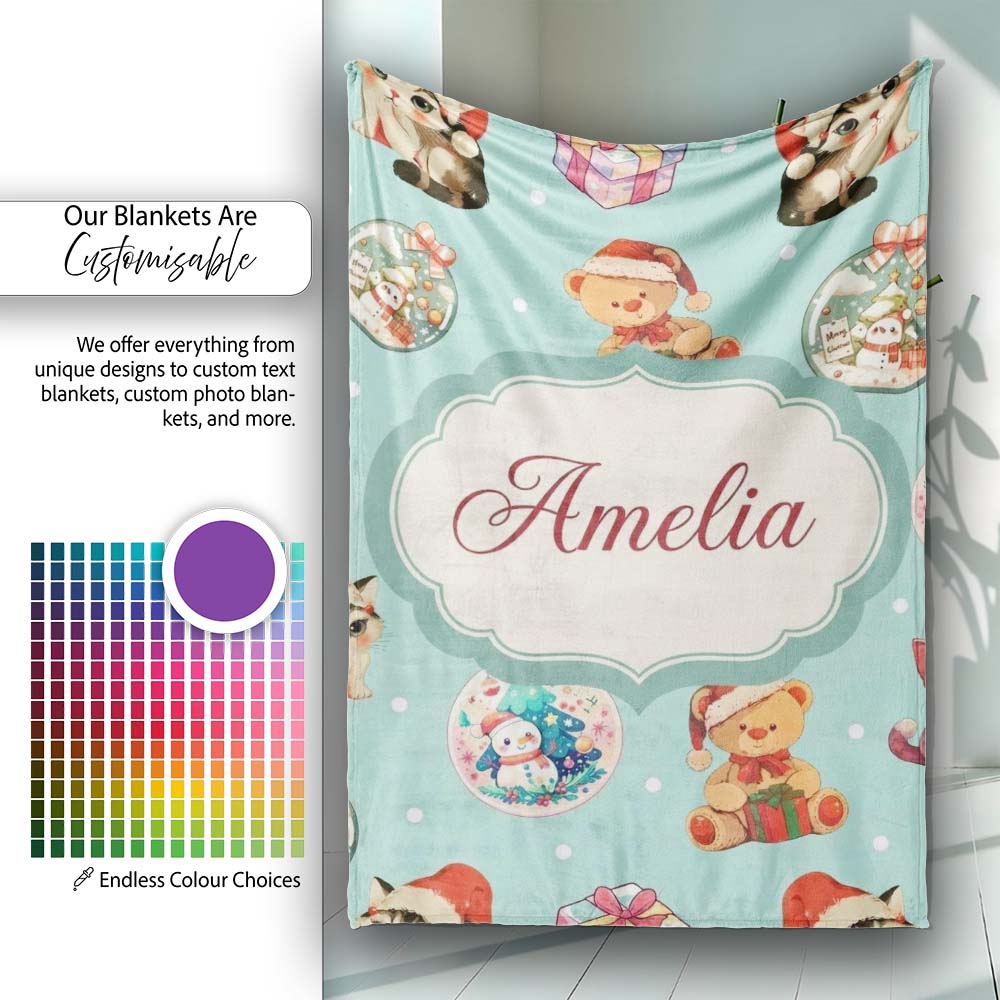 Cute Christmas Cats Teddy Gift Baubles Seamless Pattern Personalised Custom Name Super Soft Fleece Blanket Bed Sofa Throw