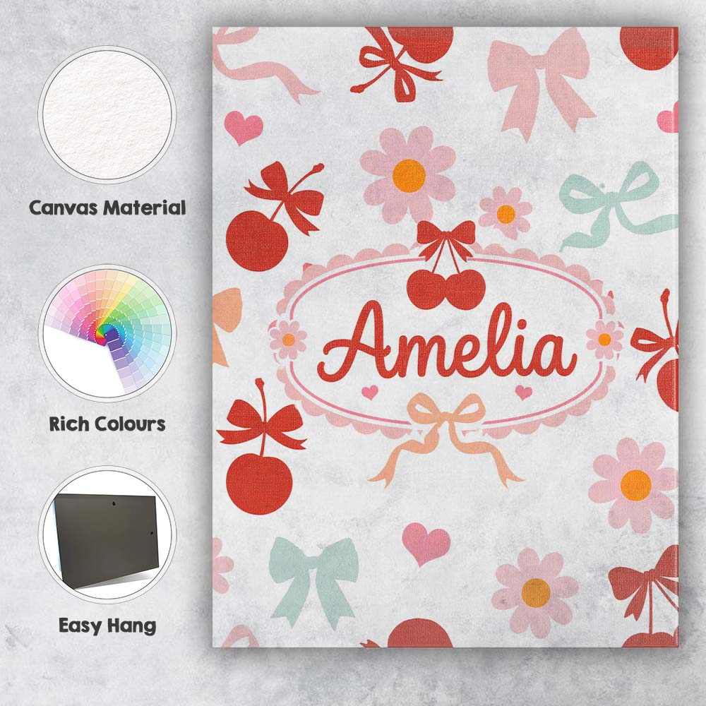 Personalised Name Cute Cherry Bow Daisy Heart Seamless Pattern on Custom Bespoke Canvas Wall Art Print Decor Picture Ready to Hang