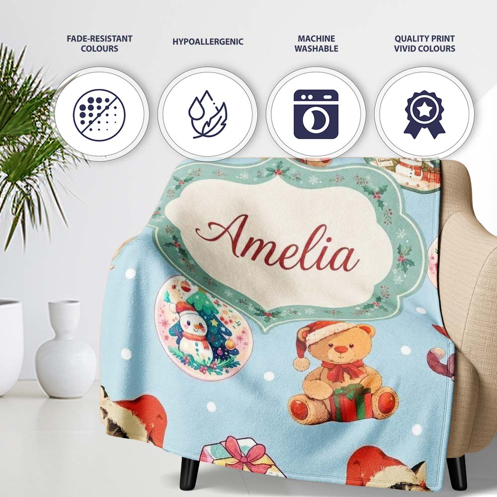 Cute Christmas Cats Teddy Blue Background Seamless Pattern Name Personalised Custom Name Super Soft Fleece Blanket Bed Sofa Throw