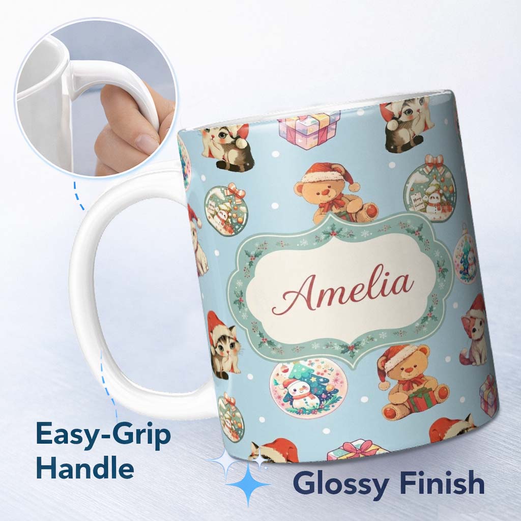 Personalized Custom Name Cute Christmas Cats Teddy Blue Background Seamless Pattern Name 11oz Ceramic Coffee Tea Mug White Large Handle
