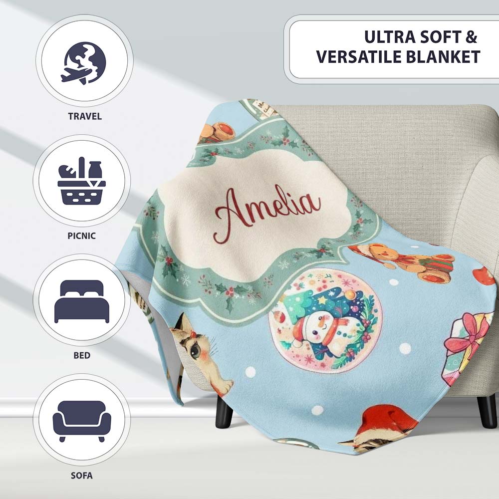 Cute Christmas Cats Teddy Blue Background Seamless Pattern Name Personalised Custom Name Super Soft Fleece Blanket Bed Sofa Throw