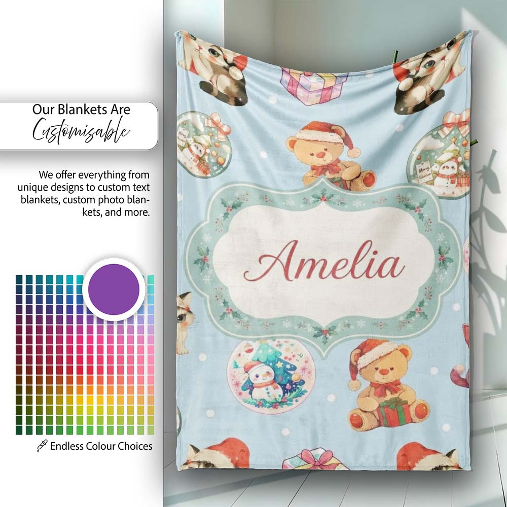 Cute Christmas Cats Teddy Blue Background Seamless Pattern Name Personalised Custom Name Super Soft Fleece Blanket Bed Sofa Throw