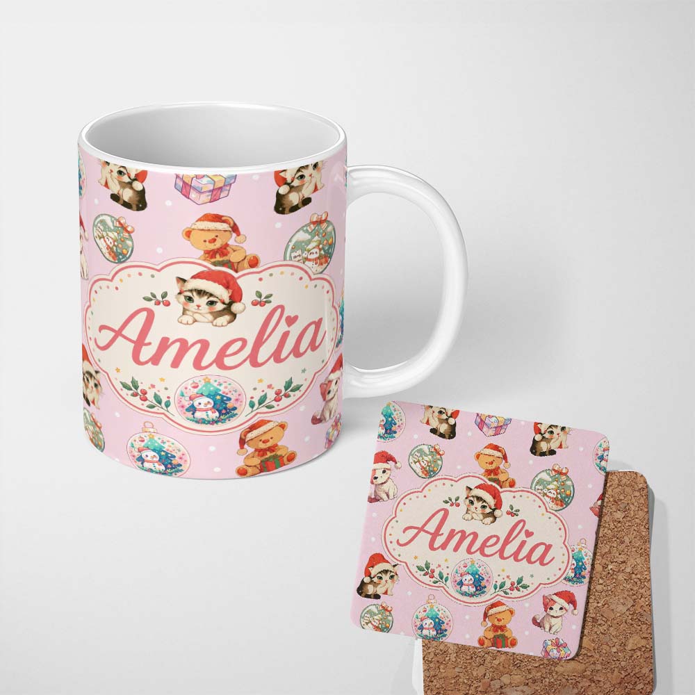 Personalized Custom Name Cute Christmas Cats Teddy Pink Background Seamless Pattern Name 11oz Ceramic Coffee Tea Mug White Large Handle