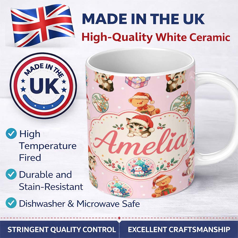 Personalized Custom Name Cute Christmas Cats Teddy Pink Background Seamless Pattern Name 11oz Ceramic Coffee Tea Mug White Large Handle