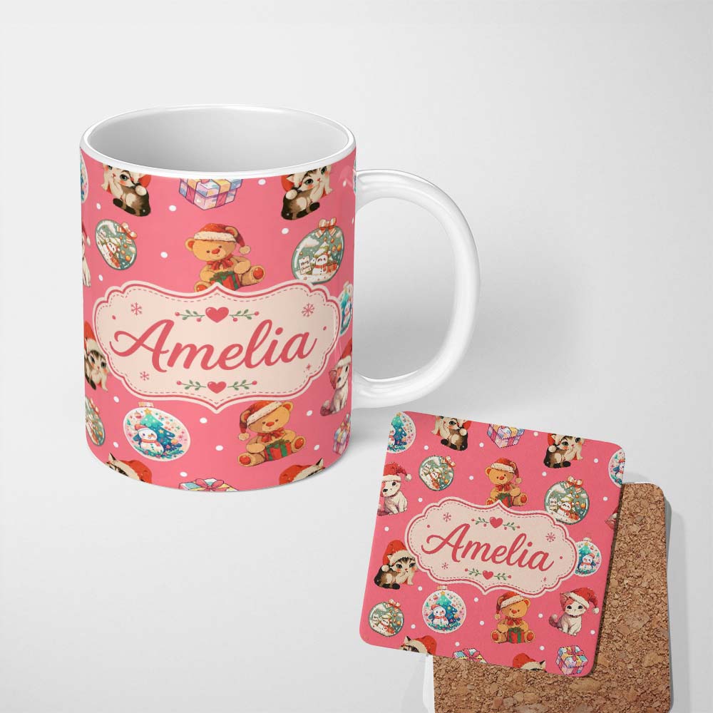 Personalized Custom Name Cute Christmas Cats Teddy Red Background Seamless Pattern Name 11oz Ceramic Coffee Tea Mug White Large Handle