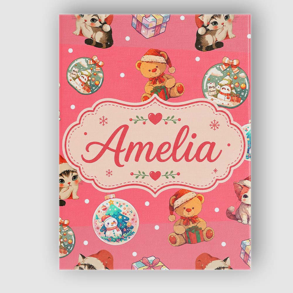 Personalised Name Cute Christmas Cats Teddy Custom Bespoke Interior Contemporary Canvas Wall Art Print Decor Picture Ready to Hang