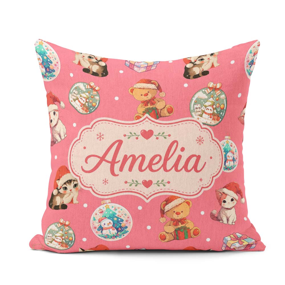 Custom Name Cute Cats Teddy Red Background Seamless Pattern Name Square Filled Cushion Throw Pillow Sofa Bed Home Decor Zip Washable UK Made