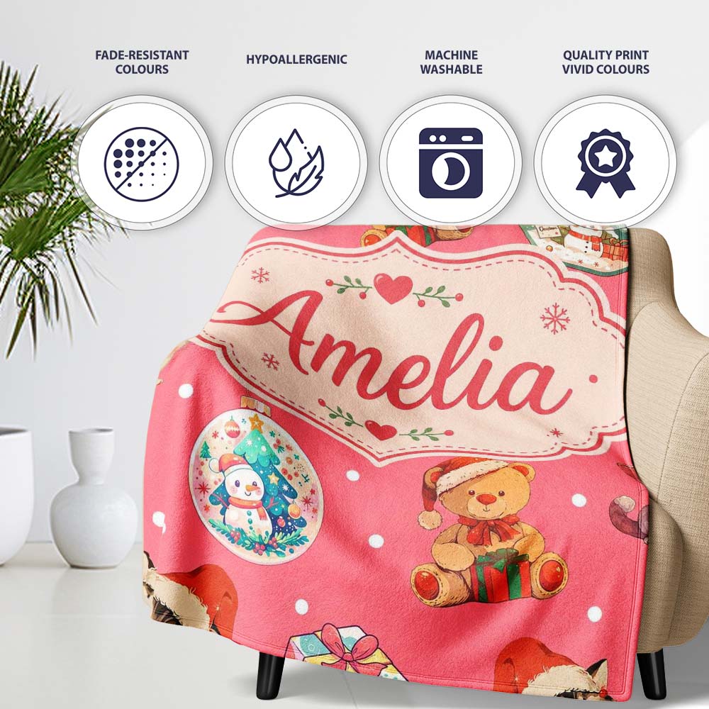 Cute Christmas Cats Teddy Red Background Seamless Pattern Name Personalised Custom Name Super Soft Fleece Blanket Bed Sofa Throw