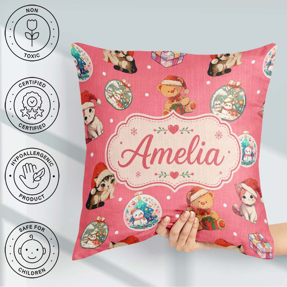 Custom Name Cute Cats Teddy Red Background Seamless Pattern Name Square Filled Cushion Throw Pillow Sofa Bed Home Decor Zip Washable UK Made
