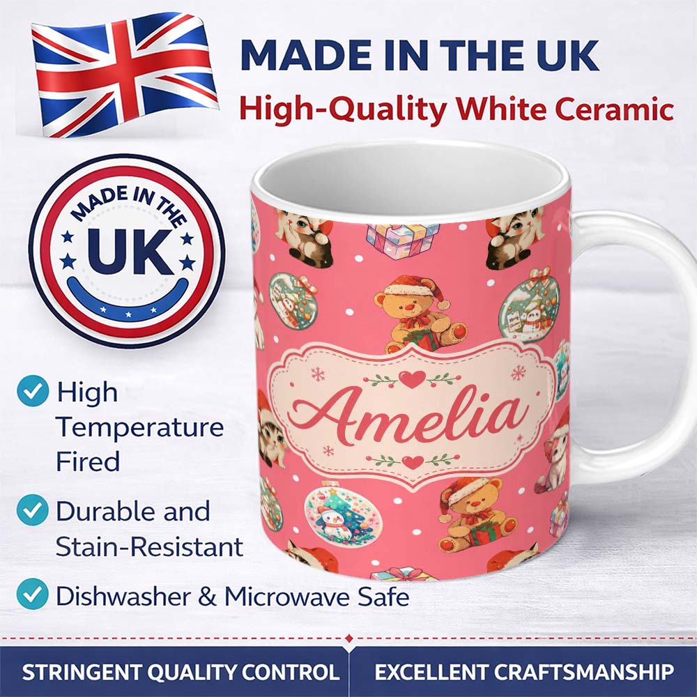 Personalized Custom Name Cute Christmas Cats Teddy Red Background Seamless Pattern Name 11oz Ceramic Coffee Tea Mug White Large Handle