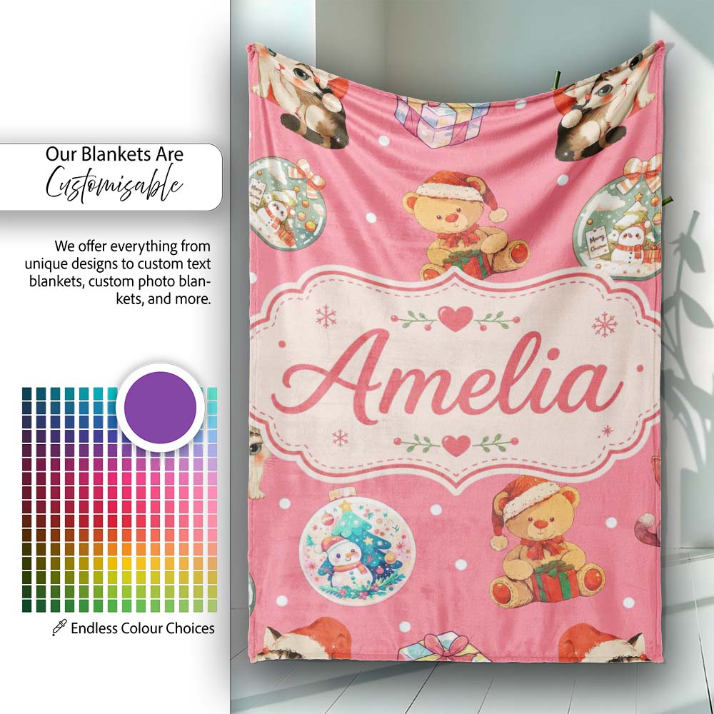 Cute Christmas Cats Teddy Red Background Seamless Pattern Name Personalised Custom Name Super Soft Fleece Blanket Bed Sofa Throw