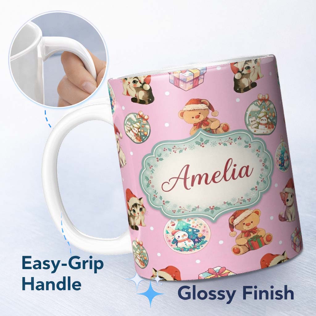 Personalized Custom Name Cute Christmas Cats Teddy Soft Pink Seamless Pattern Name Unique 11oz Ceramic Coffee Tea Mug White Large Handle