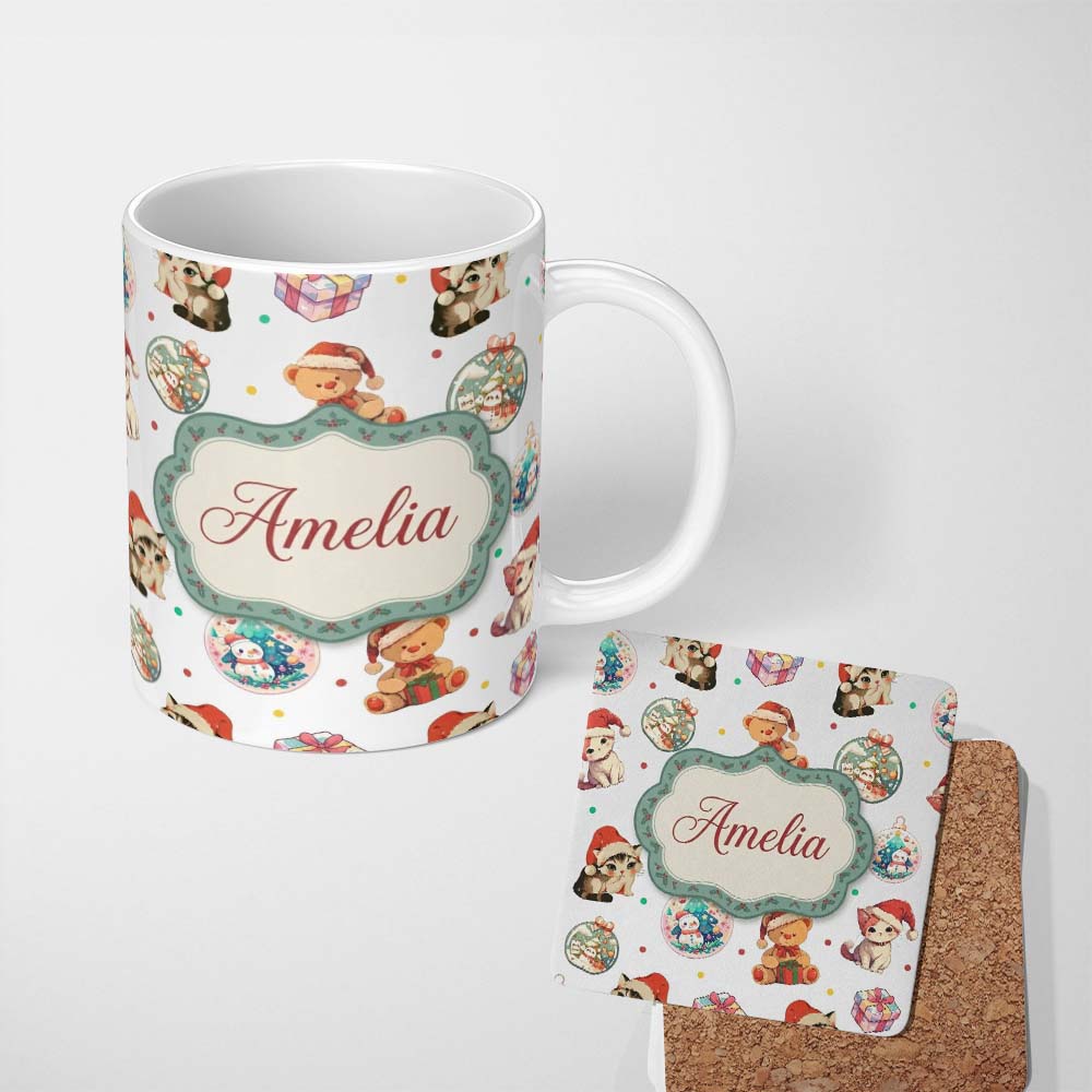 Personalized Custom Name Cute Christmas Cats Teddy Grey Background Seamless Pattern Name 11oz Ceramic Coffee Tea Mug White Large Handle